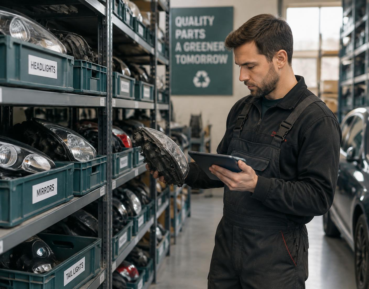 Magazzino di autodemolizione con ricambi auto usati catalogati